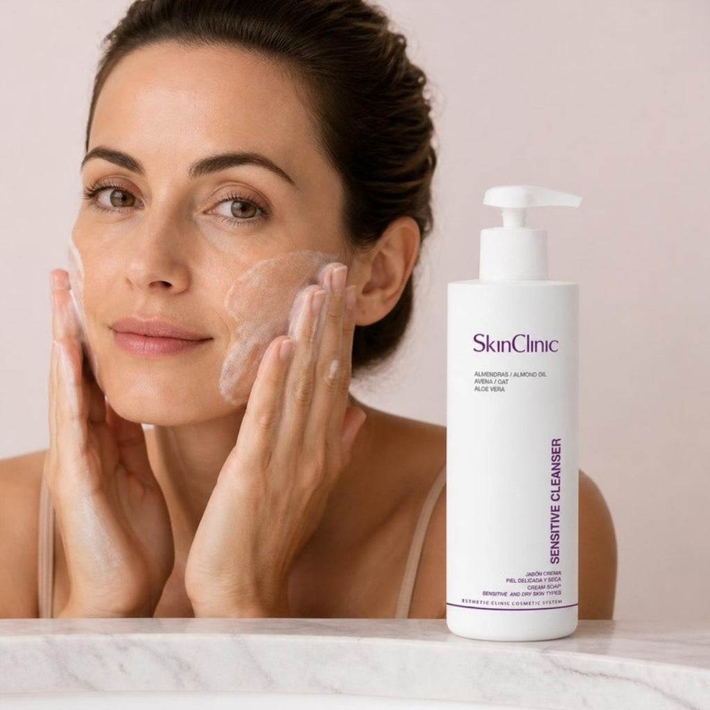 Modelo limpiándose el rostro con Sensitive Cleanser